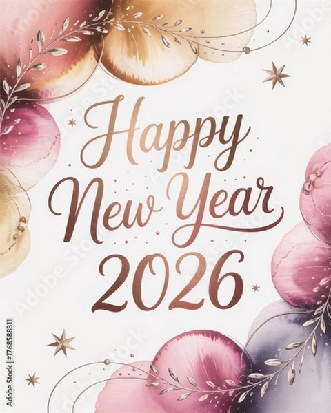 Obraz Happy New Year 2026 card featuring elegant rose gold script and abstract watercolor ornaments.
