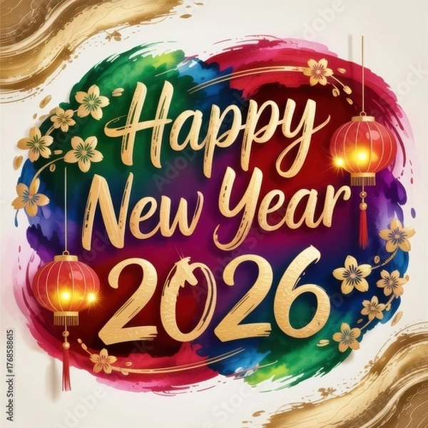 Obraz Happy New Year 2026 golden lettering on a vibrant watercolor splash decorated with festive lanterns.