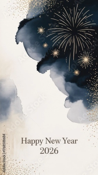 Obraz Happy New Year 2026 greeting banner with elegant gold fireworks and deep indigo watercolor texture.