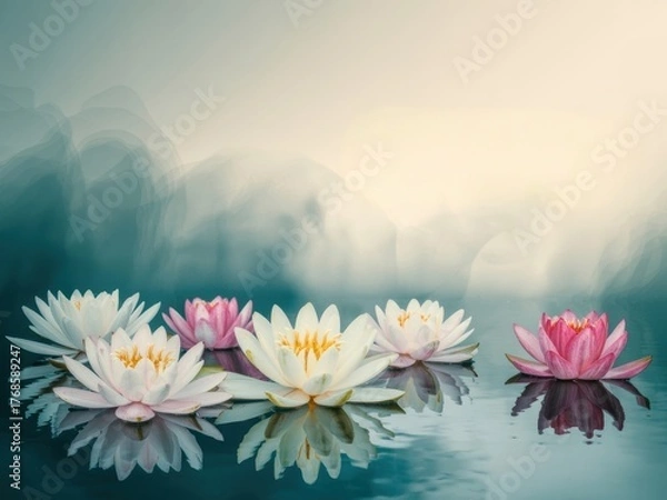 Fototapeta White and pink lotus flowers floating on dark reflective water against a misty background