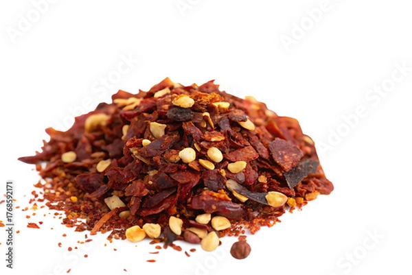 Fototapeta A pile of dried chili flakes with visible seeds isolated on transparent background