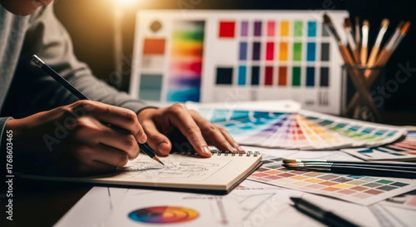 Obraz A person focused on sketching in a notebook surrounded by color palettes, brushes, and art supplies, in an environment infused with warm lighting.