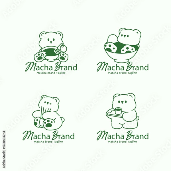 Obraz Calming matcha logo set featuring a cute bear character whisking and serving matcha tea. Green monoline illustration for Japanese tea branding and cafe identity.