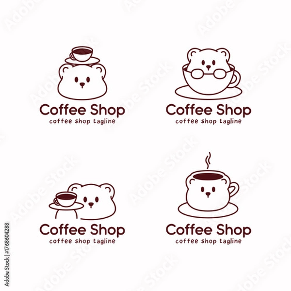 Obraz Adorable coffee logo set featuring a cute bear character sitting in cups and holding coffee trays. Brown monoline illustration for modern cafe branding and coffee identity.