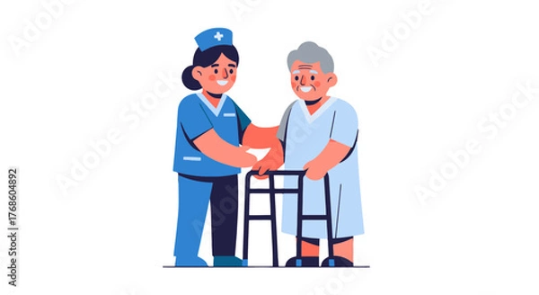 Obraz A Nurse Assists an Elderly Patient Using a Walker for Mobility and Support
