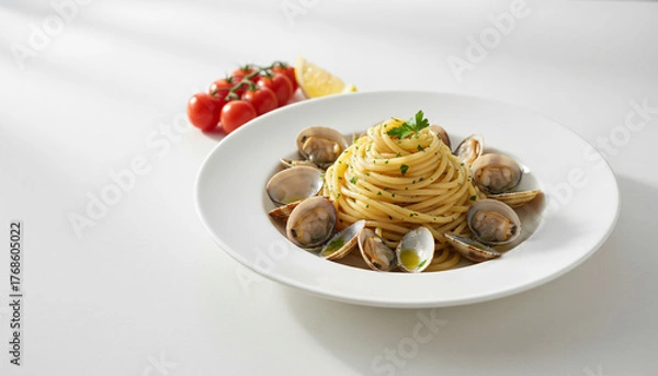 Obraz A plate of pasta with clams and tomatoes on top. The pasta is covered in Parmesan cheese and the tomatoes are sliced. The dish is served on a white plate