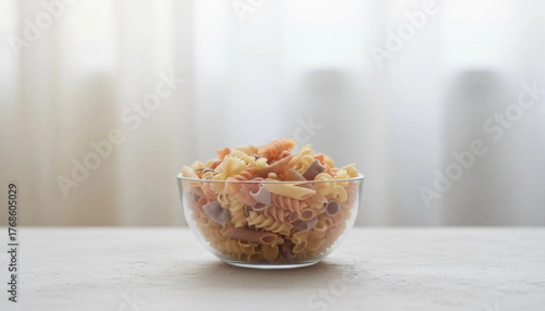 Obraz A bowl of pasta with different colored pasta pieces. The bowl is on a table. The pasta is in a variety of shapes and sizes