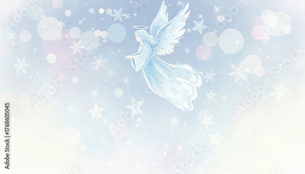 Obraz A white angel is flying over a snowy background. The angel is surrounded by stars, which give the image a dreamy, ethereal quality. Concept of peace and serenity