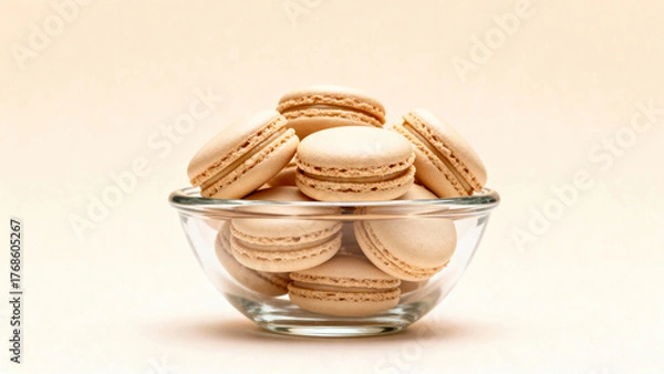 Obraz A bowl of macarons sits on a table. The macarons are all different colors and sizes