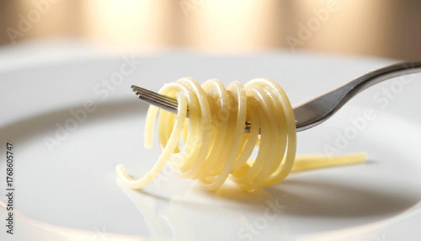 Obraz A fork with a piece of spaghetti on it. The spaghetti is yellow and has a spiral shape