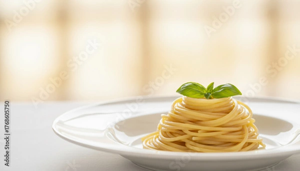 Obraz A plate of spaghetti with a green leaf on top. The plate is white and the spaghetti is yellow