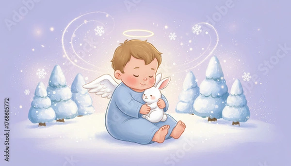 Obraz A young boy is holding a rabbit in his arms. The scene is set in a snowy forest with trees in the background. The boy appears to be in a peaceful and calm mood