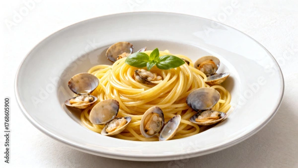 Obraz A plate of pasta with clams and basil on top. The pasta is yellow and the clams are white. The dish looks delicious and appetizing
