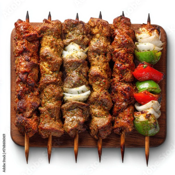 Obraz Gegrillte Fleischspieße mit Kräutern auf Holzspießen, isoliert auf weißem Hintergrund