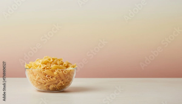 Obraz A bowl of pasta is sitting on a table. The pasta is yellow and he is dry. The bowl is clear and filled with pasta