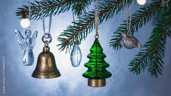 Obraz A green Christmas tree ornament hangs from a tree branch. The tree is surrounded by other ornaments, including a bell, angel, and bird. Scene is festive and joyful