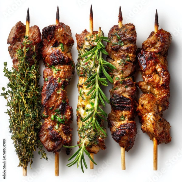 Obraz Gegrillte Fleischspieße auf Holzspießen, isoliert auf weißem Hintergrund