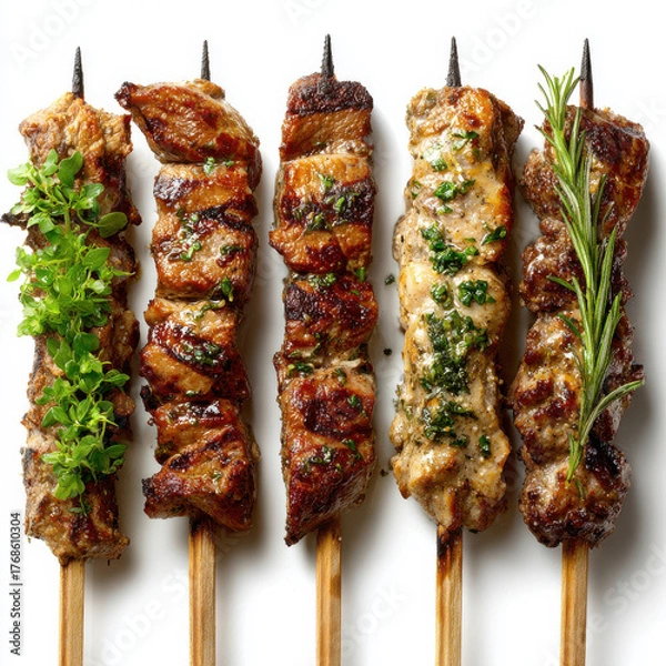 Obraz Gegrillte Fleischspieße auf Holzspießen, isoliert auf weißem Hintergrund