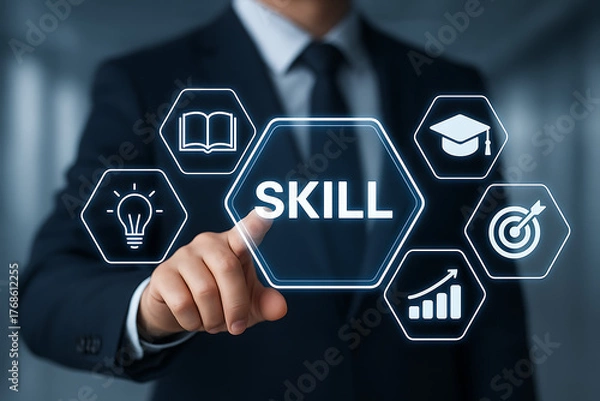 Fototapeta A businessman is pointing to a glowing blue hexagon with skill surrounded by icons illustrating professional development and competency acquisition through learning and targeted training programs