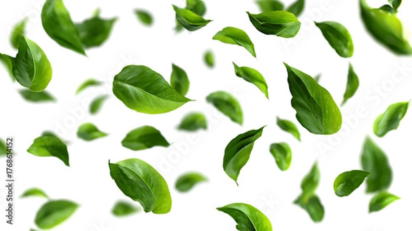 Fototapeta Falling Green Leaves Background | Fresh Floating Organic Foliage on Light Gray Backdrop, Isolated on transparent background