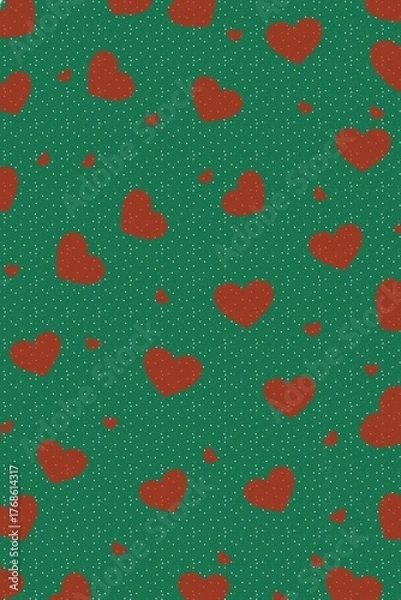 Fototapeta Red Hearts on Green Background with Snow Dots – Festive Romantic Wallpaper