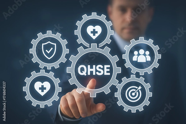 Fototapeta A businessman is touching a central cogwheel with qhse quality health safety environment surrounded by related icons focusing on business management standards and regulatory compliance
