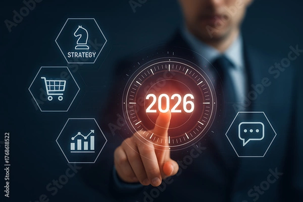 Fototapeta Business man pointing at glowing 2026 on a futuristic circular clock interface representing future planning, new year targets, strategy, market growth, and communication for business goals