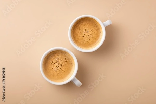 Fototapeta Minimalist Coffee Cups on Soft Beige Background Creating Warm Cozy Morning Atmosphere
