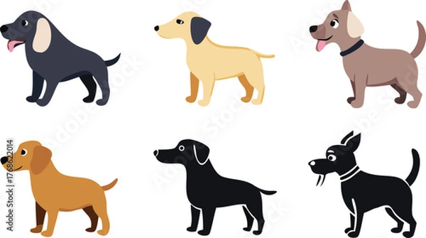 Fototapeta Collection of Six Cartoon Dogs in Various Colors and Breeds