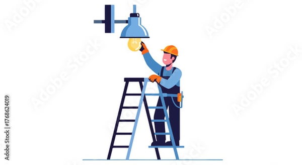 Obraz Electrician Changing a Light Bulb on a Ladder in a Visual Illustration
