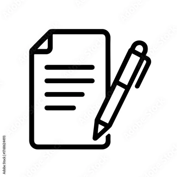 Fototapeta Document and Pen Icon Outline: Simple black outline icon of a document and pen symbolizing writing, office work, or signing documents.