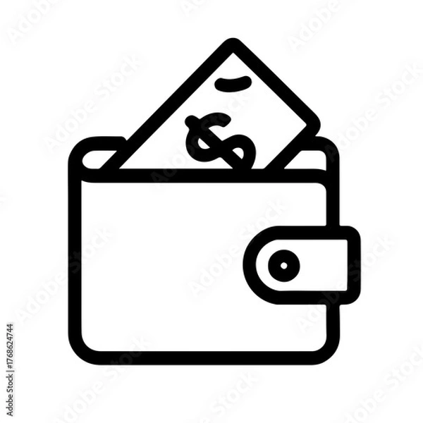 Fototapeta Wallet Icon – Finance and Payment Symbol: Minimal black line wallet icon with money symbol, representing finance, payment, or personal budgeting. Great for business and app design.