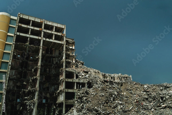 Fototapeta Partially destroyed multi-story building with massive debris pile after demolition, earthquake aftermath, or war zone destruction. Space for text
