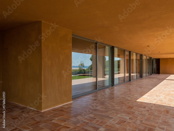 Obraz Modern building with terracotta tiled floor and ocean view