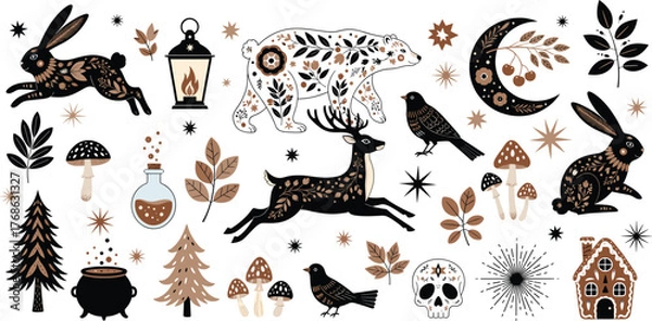 Obraz Mystical forest animals, rabbit, deer, bear, moon, mushrooms, potion, lantern, folk art style, black and white vector illustration