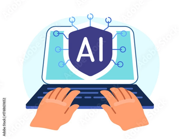 Fototapeta AI cpu microchip on laptop screen. Person uses artificial intelligence technology in work