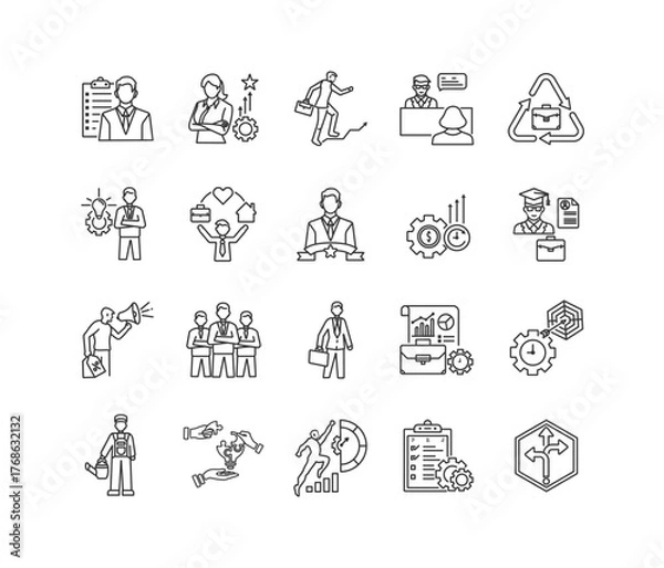 Fototapeta Career planning icon set, including professional development, career path, job interview, career change, internship, productivity,  work editable strokes. illustration on white background