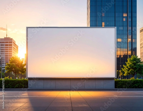 Fototapeta A large empty white billboard on a city street at sunset, with modern skyscrapers in the background for advertising mockups