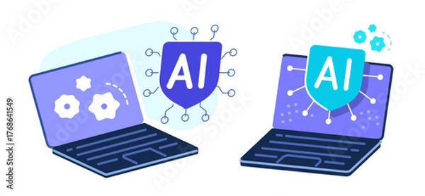 Fototapeta Artificial intelligence assistant on laptop screen. AI technology concept. CPU microchip vector illustration