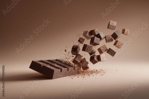 Fototapeta Chocolate bar exploding into cubes, abstract minimal dessert concept, modern geometric food composition, creative sweets background, dark brown cocoa, gourmet snack, still life design

