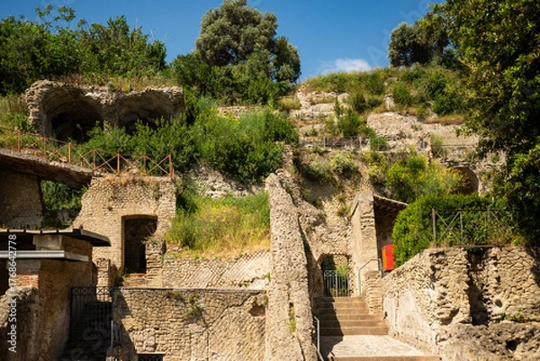 Fototapeta Italy, Naples, Baia, view and details of the archaeological area specialized in the spa treatments of the ancient Romans.