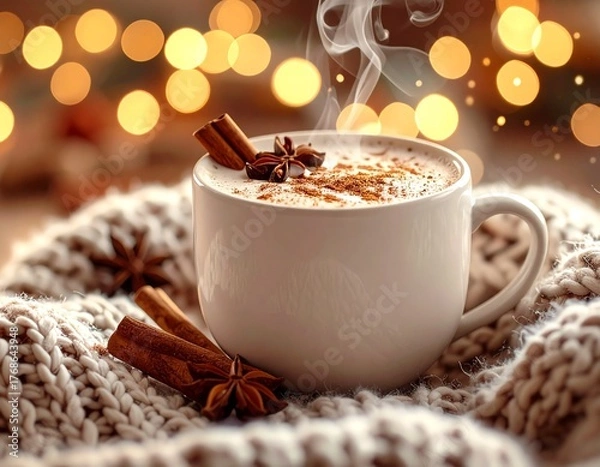 Obraz Cozy Christmas Hot Cocoa with Cinnamon and Fairy Lights, Warm Winter Scene: Cup of Hot Cocoa, Cinnamon, and Fairy Lights, AI generated image