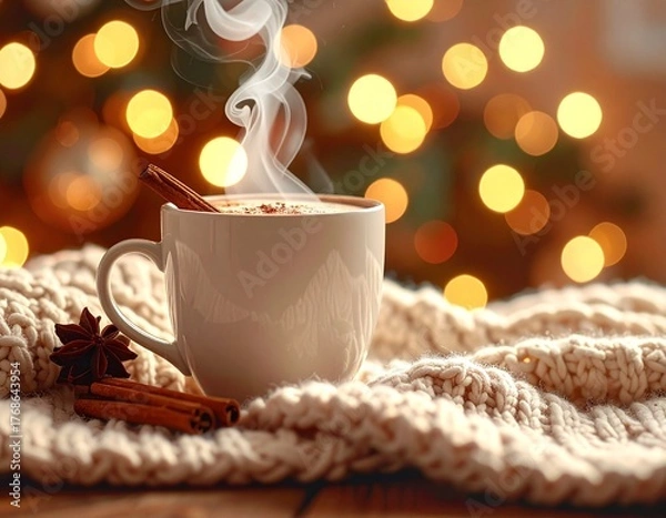 Obraz Cozy Christmas Hot Cocoa with Cinnamon and Fairy Lights, Warm Winter Scene: Cup of Hot Cocoa, Cinnamon, and Fairy Lights, AI generated image