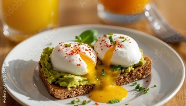 Fototapeta Culinary Still Life. Poached Eggs, Avocado and Toast with Orange Juice, CloseUp.