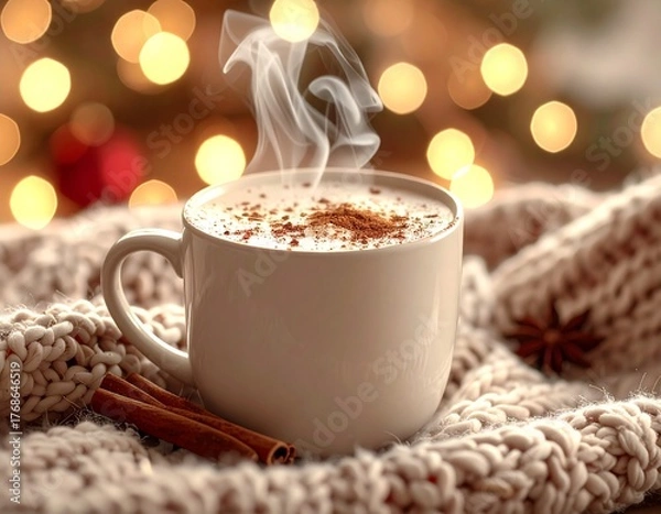 Obraz Cozy Christmas Hot Cocoa with Cinnamon and Fairy Lights, Warm Winter Scene: Cup of Hot Cocoa, Cinnamon, and Fairy Lights, AI generated image