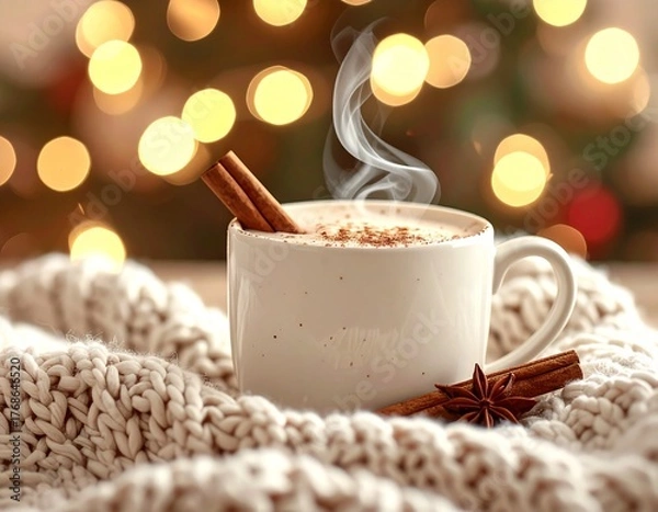 Obraz Cozy Christmas Hot Cocoa with Cinnamon and Fairy Lights, Warm Winter Scene: Cup of Hot Cocoa, Cinnamon, and Fairy Lights, AI generated image