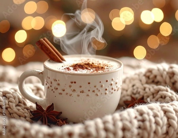 Obraz Cozy Christmas Hot Cocoa with Cinnamon and Fairy Lights, Warm Winter Scene: Cup of Hot Cocoa, Cinnamon, and Fairy Lights, AI generated image