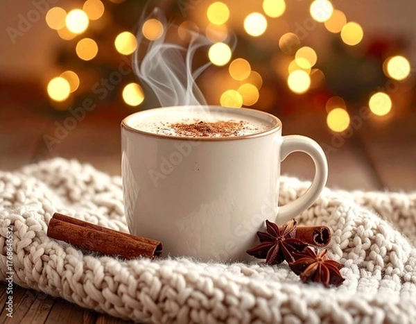 Obraz Cozy Christmas Hot Cocoa with Cinnamon and Fairy Lights, Warm Winter Scene: Cup of Hot Cocoa, Cinnamon, and Fairy Lights, AI generated image