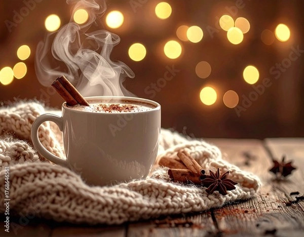 Obraz Cozy Christmas Hot Cocoa with Cinnamon and Fairy Lights, Warm Winter Scene: Cup of Hot Cocoa, Cinnamon, and Fairy Lights, AI generated image