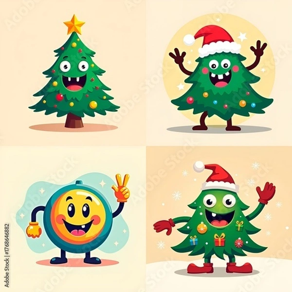 Fototapeta Christmas icons set, cute christmas tree and ornament mascot set, festive cartoon characters on light background